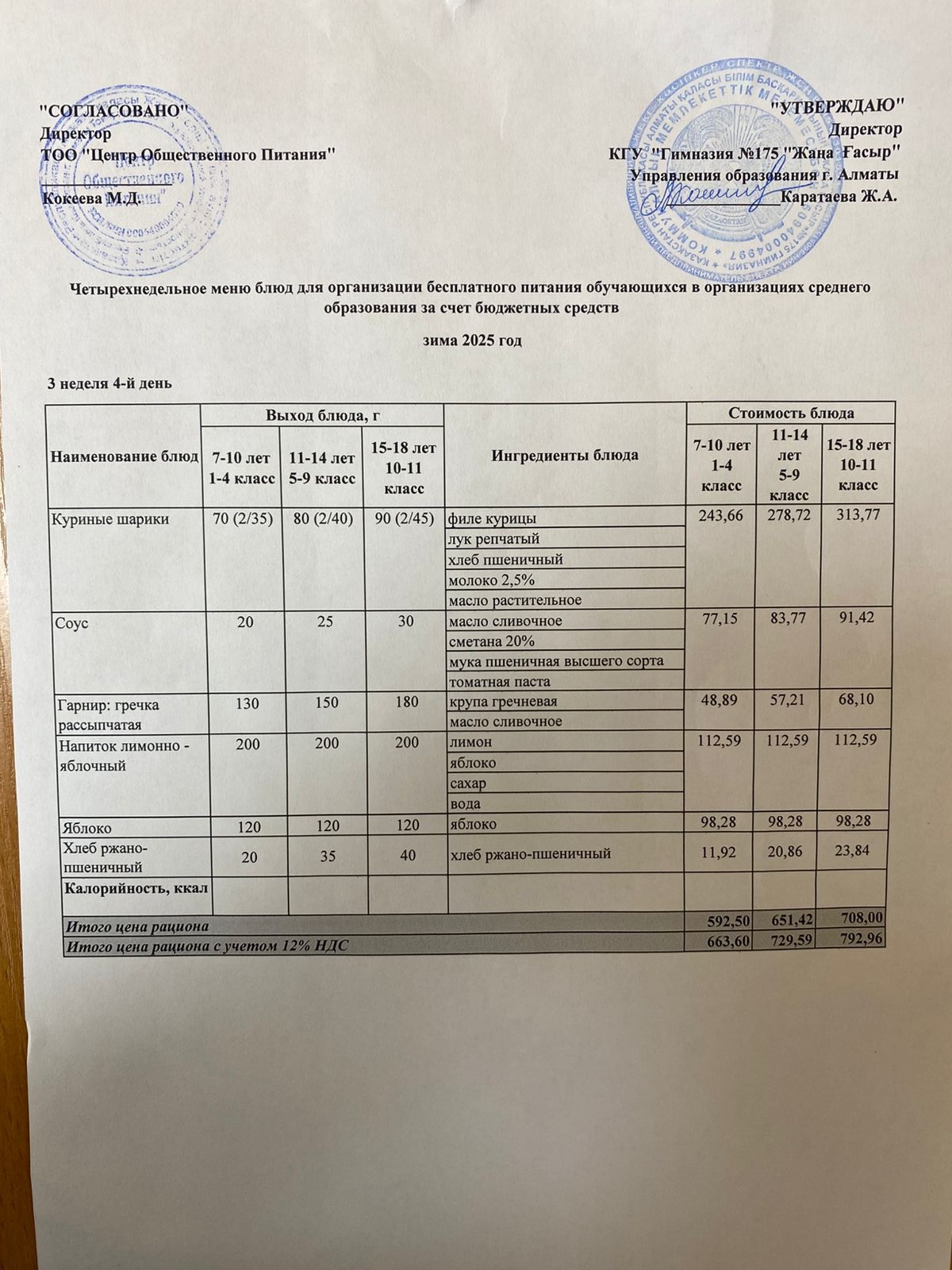 Ас мәзірі 2025-2026