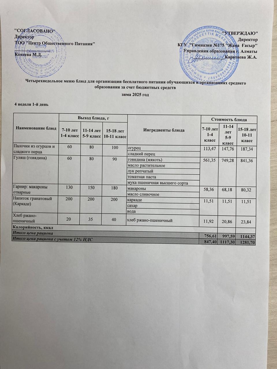 Ас мәзірі 2025-2026
