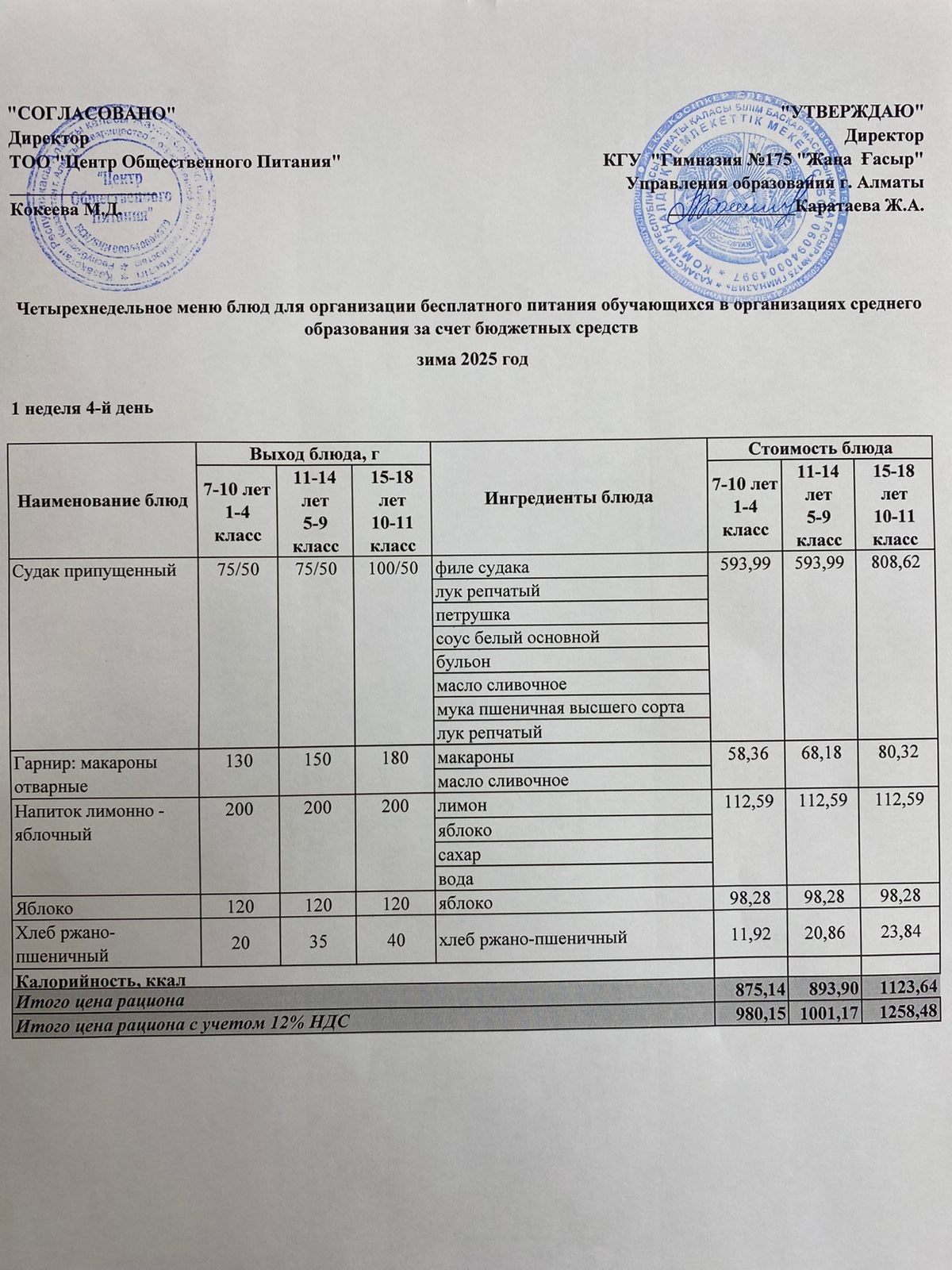 Ас мәзірі 2025-2025