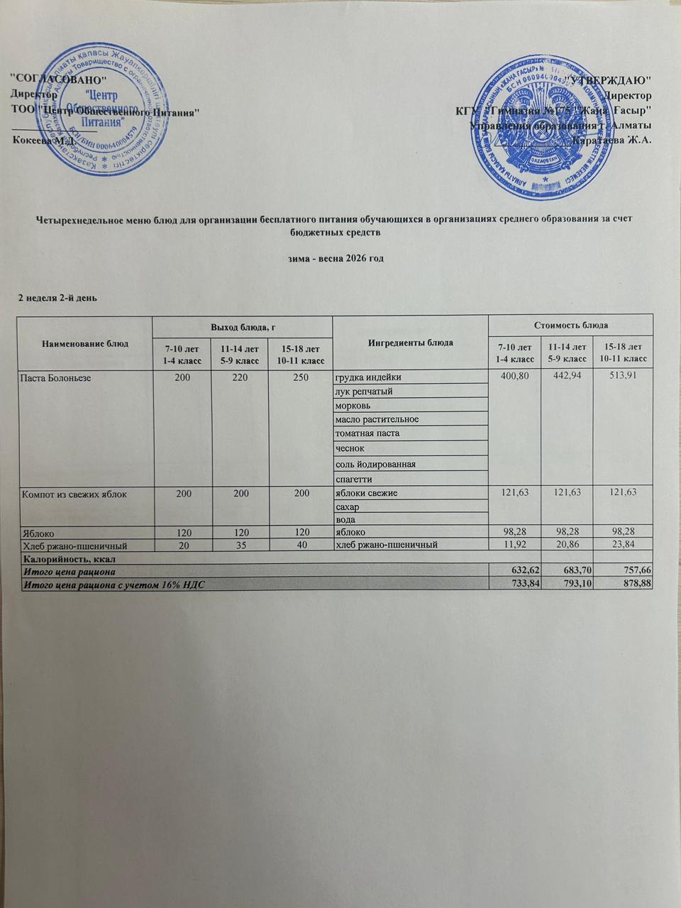 Ас мәзірі 2025-2026