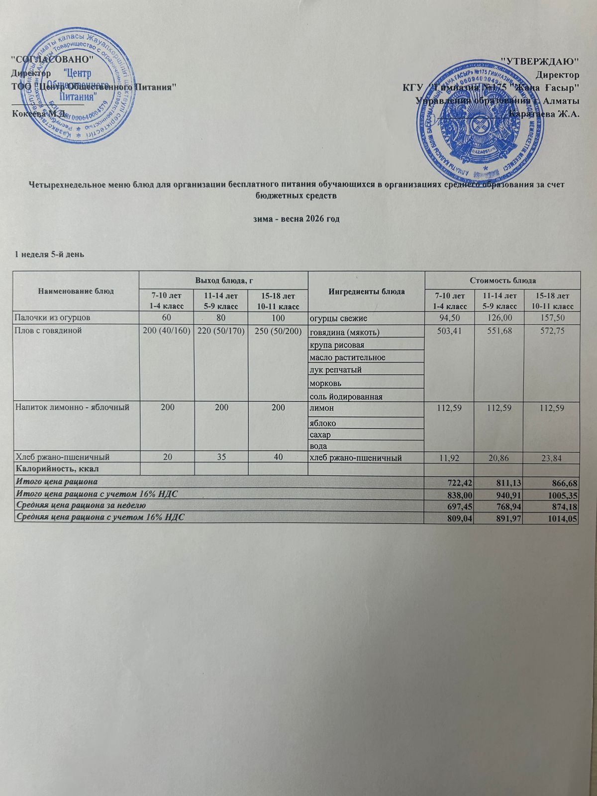 Ас мәзірі 2025-2026
