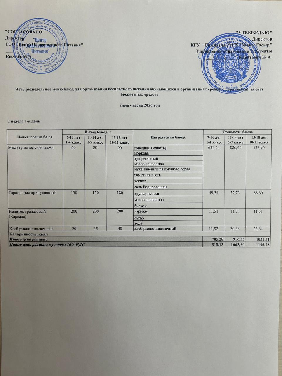 Ас мәзірі 2025-2026